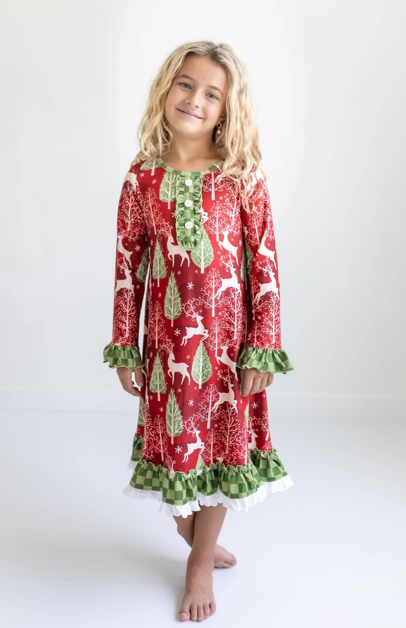 Kids Red Christmas Holiday Reindeer Ruffle Lounge Play Gown:5/6