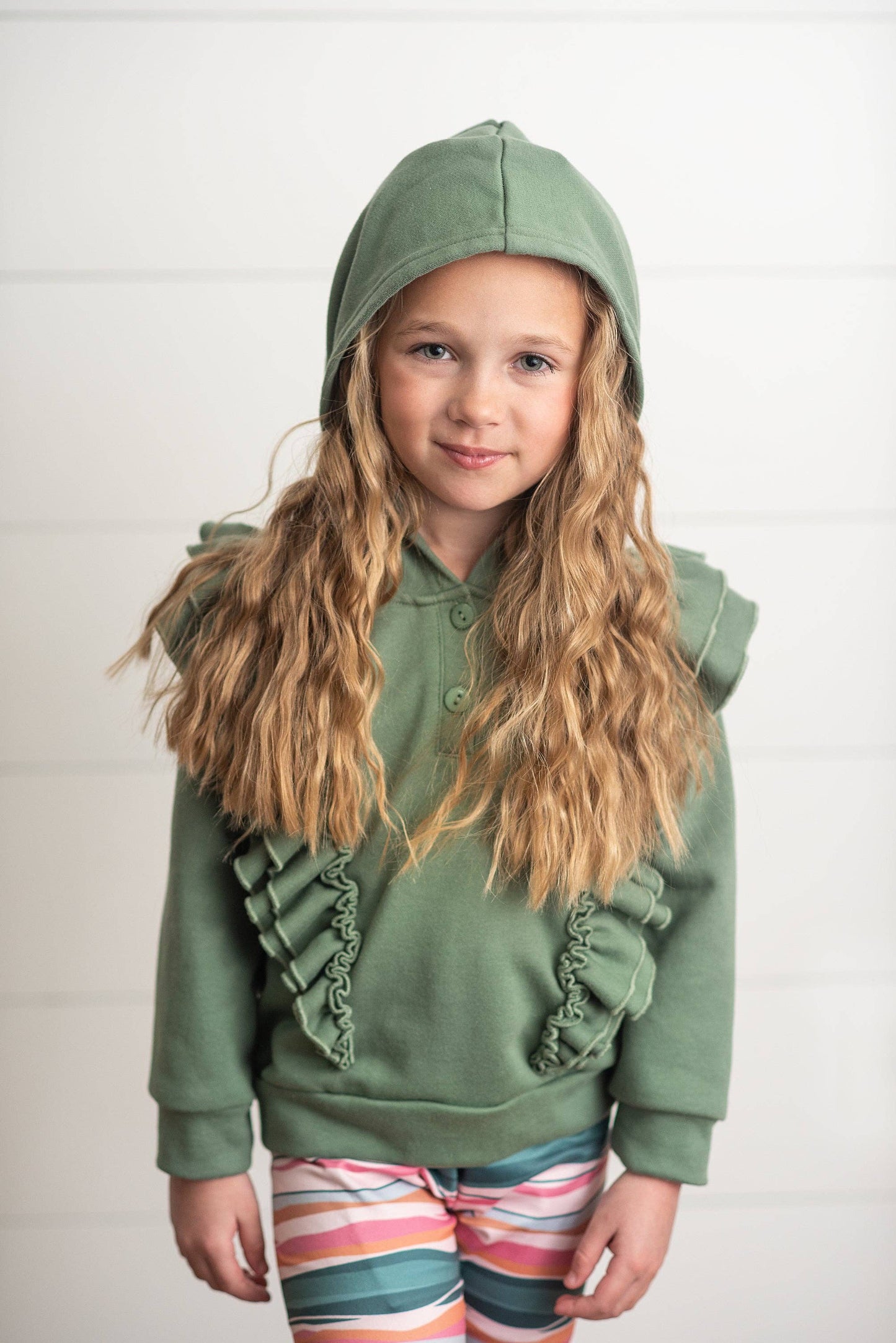 Kids Sage Double Ruffle Button Hoodie & Stripe Leggings Set: