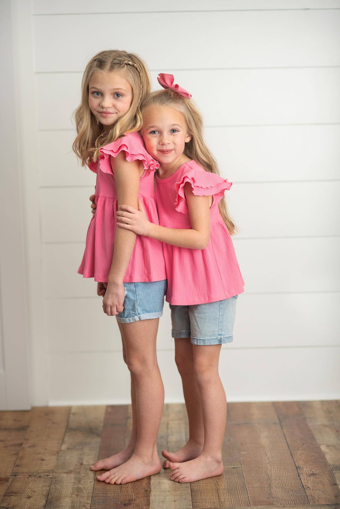 Kids Bright Pink Double Ruffle Flutter Sleeve Summer Shirt: