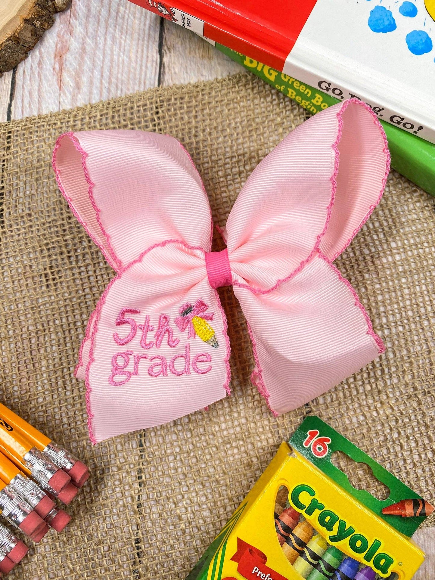 School Grade Embroidered Pencil Moonstitch Bow | Pre-K to 5th Grade: 1st Grade