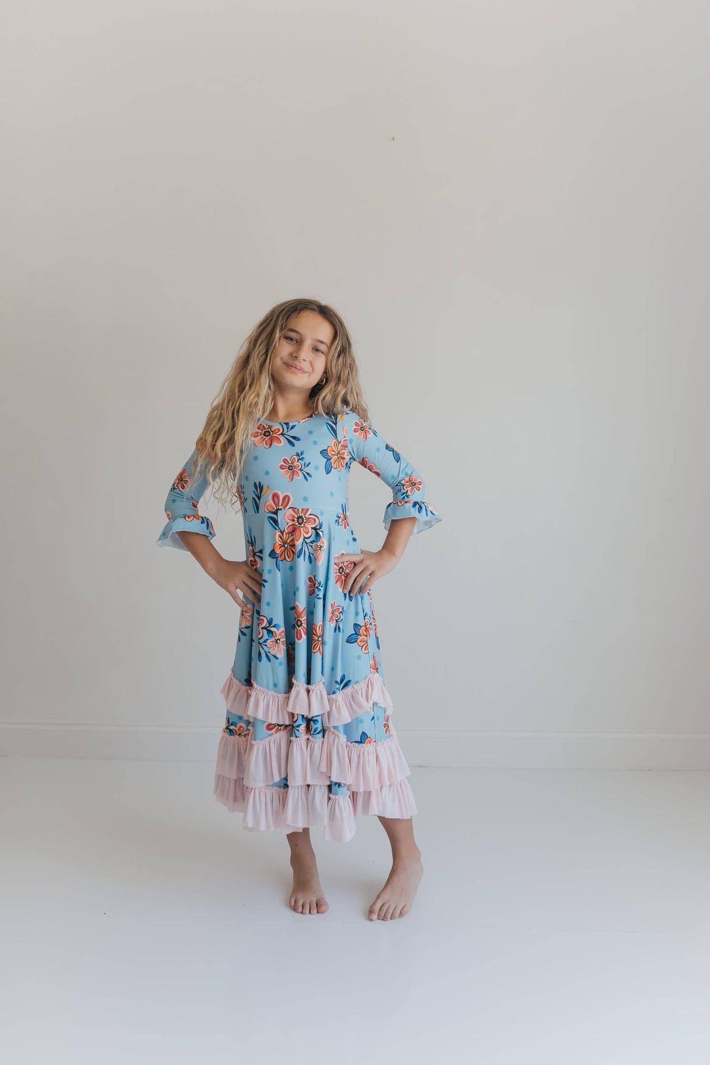 Girls Bella Blue & Blush Winter Garden Twirl Ruffles Dress