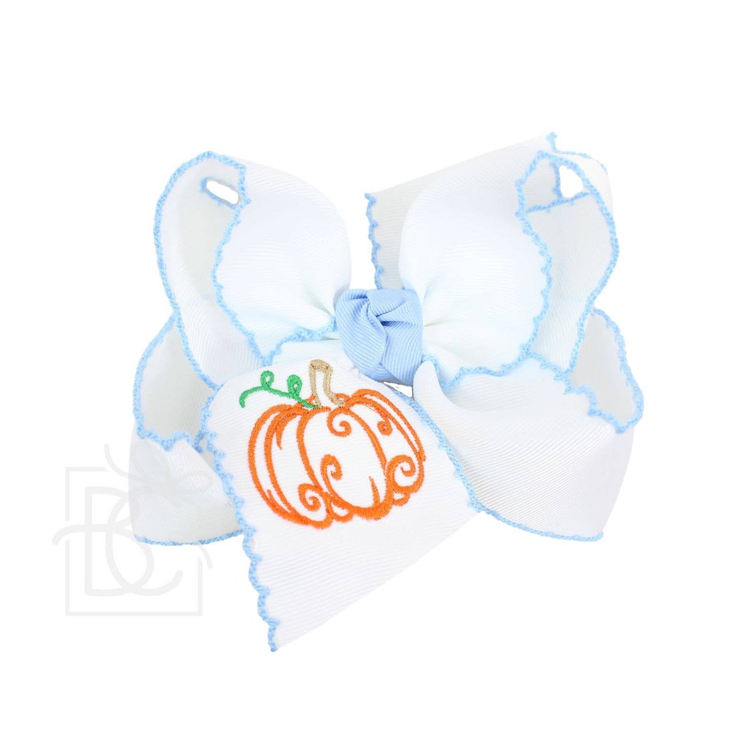 Embroidered Pumpkin Crochet Edge Bow: White-Millennium Blue Crochet Edge w/ Embroidered Orange Pumpkin / 5.5" Huge - 2.25" Crochet Edge Grosgrain Ribbon