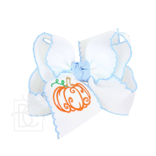 Embroidered Pumpkin Crochet Edge Bow: White-Millennium Blue Crochet Edge w/ Embroidered Orange Pumpkin / 5.5" Huge - 2.25" Crochet Edge Grosgrain Ribbon