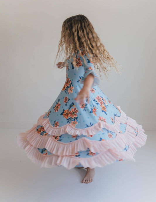 Girls Bella Blue & Blush Winter Garden Twirl Ruffles Dress