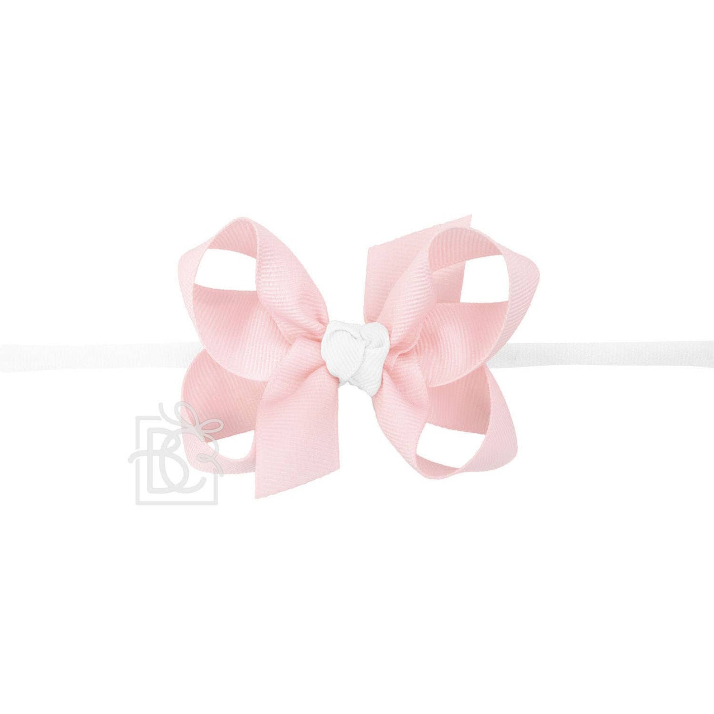 1/4" NYLON PANTYHOSE HEADBAND W/SIGNATURE GROSGRAIN BOW: WHITE/L. PINK BOW / 3.5" Medium
