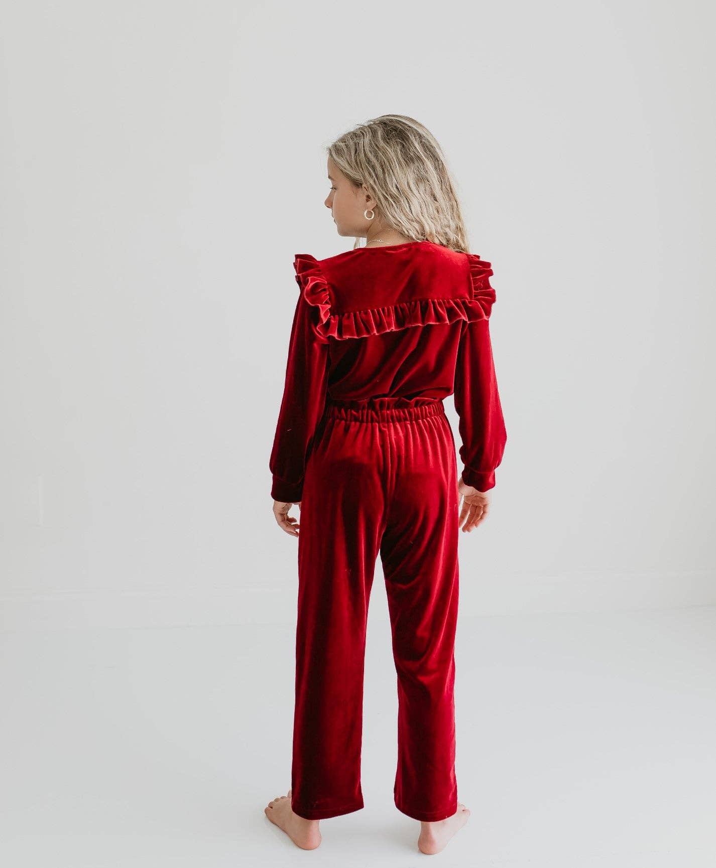 Girls Red Burgundy Velvet Christmas Holiday Pant Set: