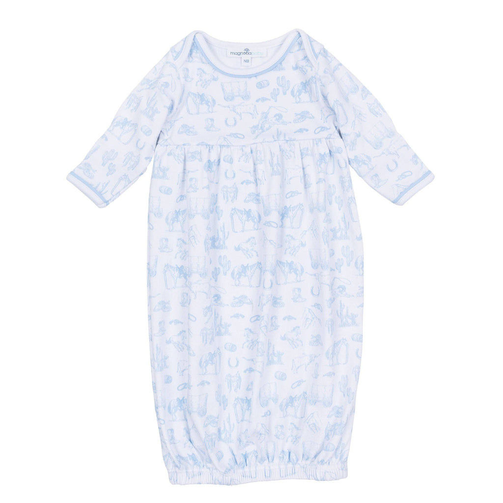 Wild West Toile Gathered Gown - Light Blue: 3 Months