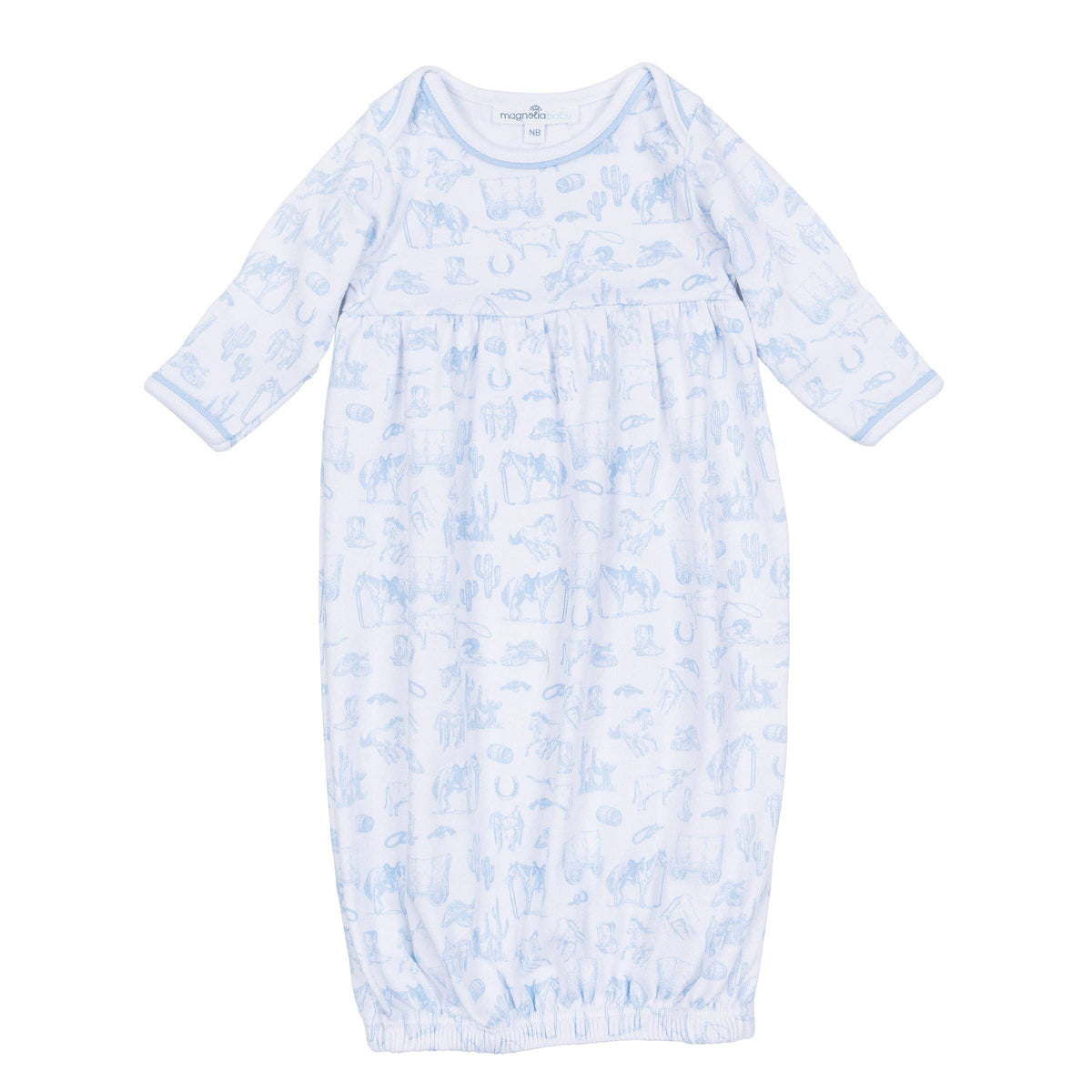 Wild West Toile Gathered Gown - Light Blue: 3 Months