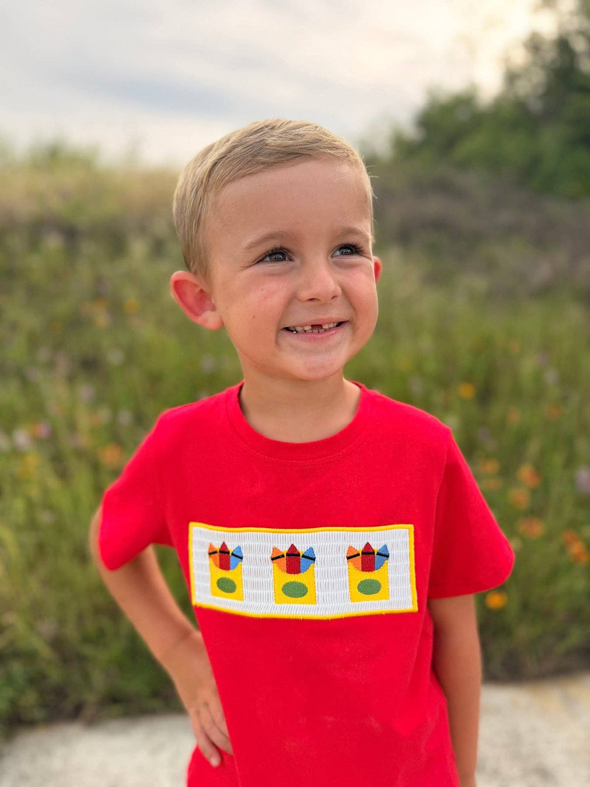 Back to School Crayon Smocked Boys Plaid Shorts Set: