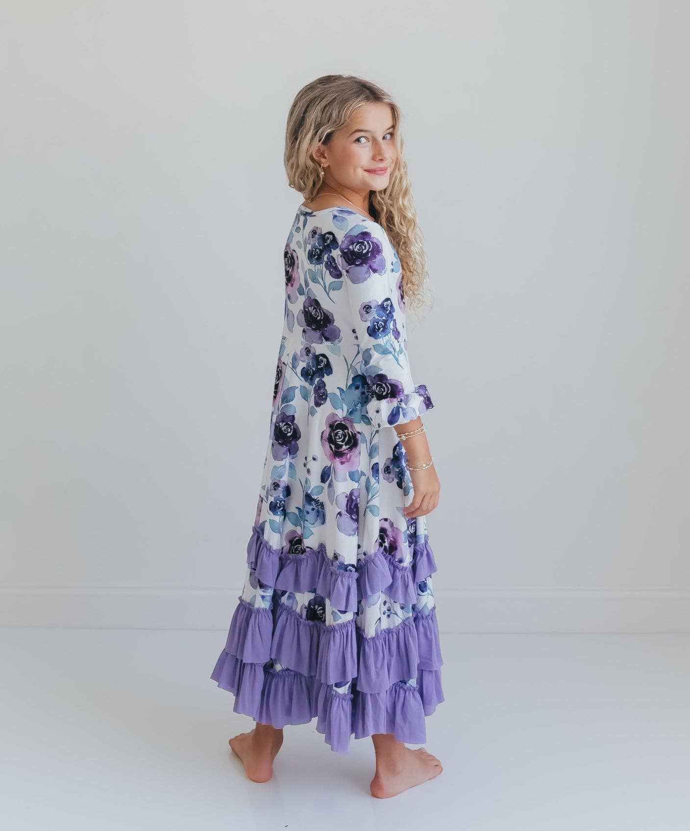Girls Lavender Winter Floral Long Sleeve Ruffles Dress