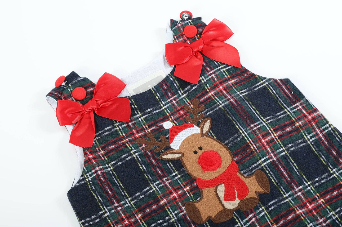 Navy and Red Plaid Reindeer Ruffle Dress:
