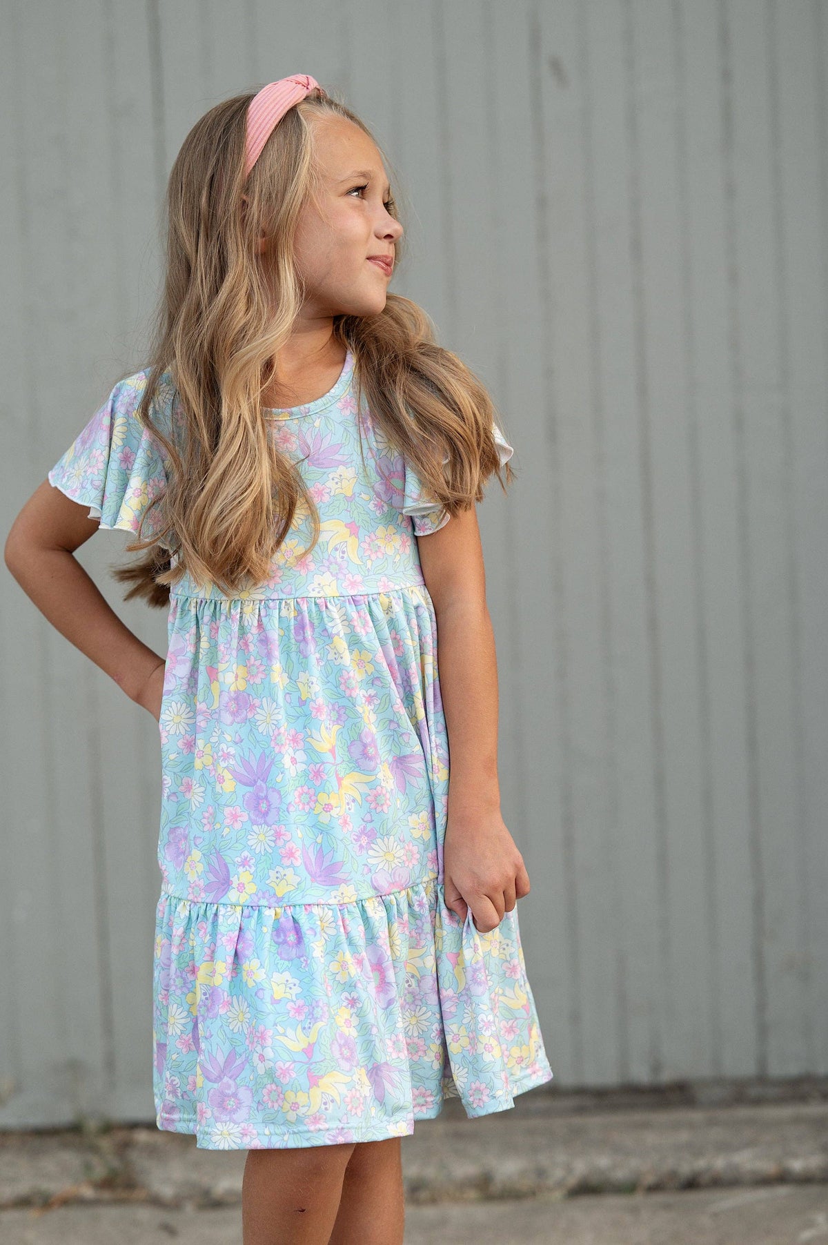 Kids Emmy Purple Pastel Floral Flutter Sleeve Twirl Dress
