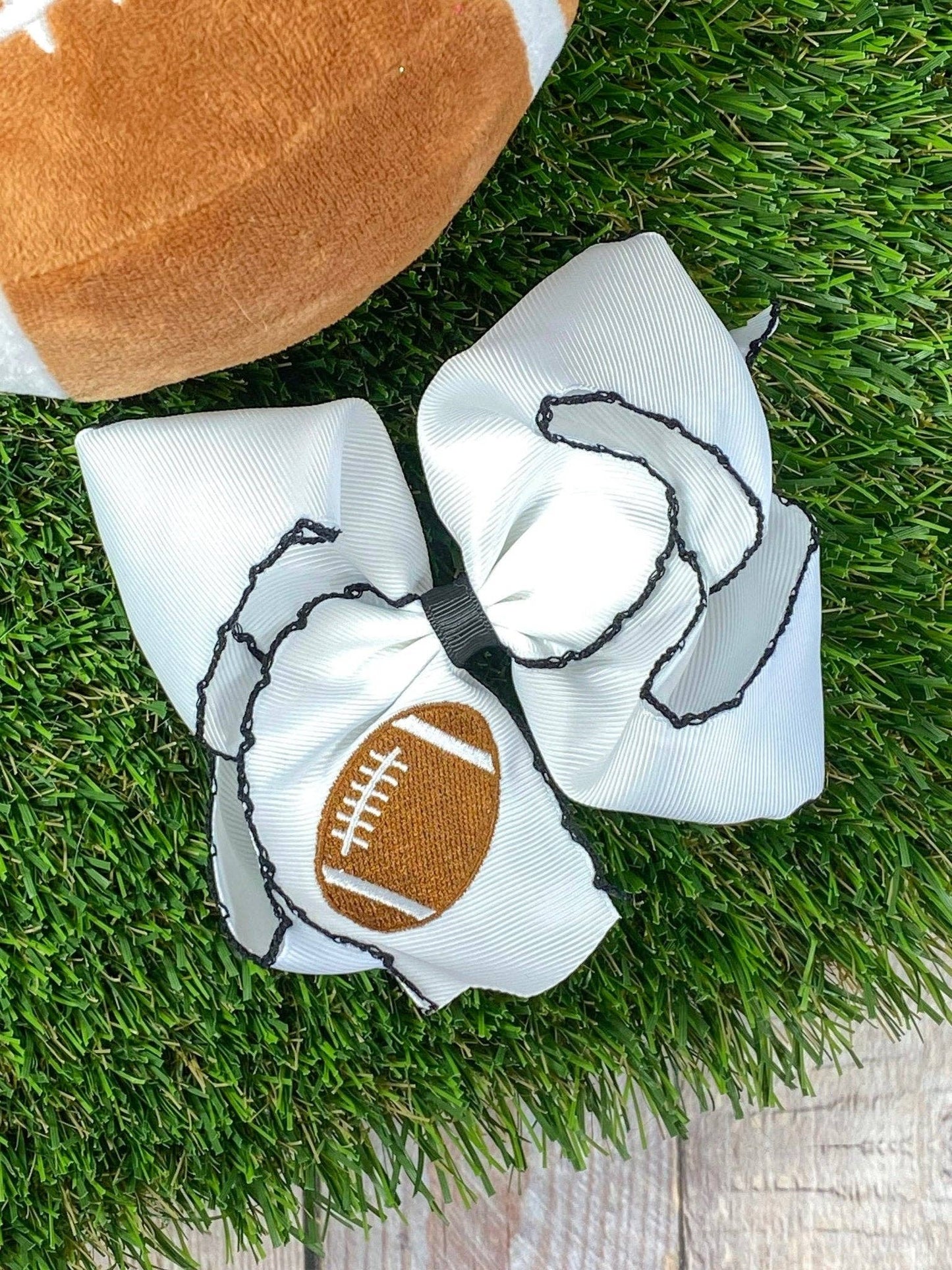 Football Embroidered Moonstitch Hair Bow | Clip or Headband: Orange/White / Clip