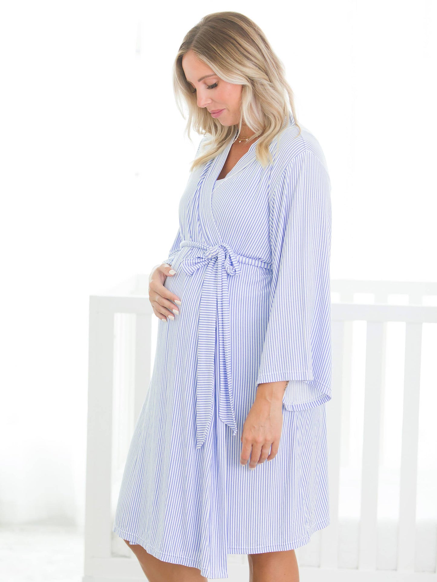 Women's Periwinkle & White Micro Stripe Bamboo Viscose Mommy & Me Maternity Robe and newborn gown set.