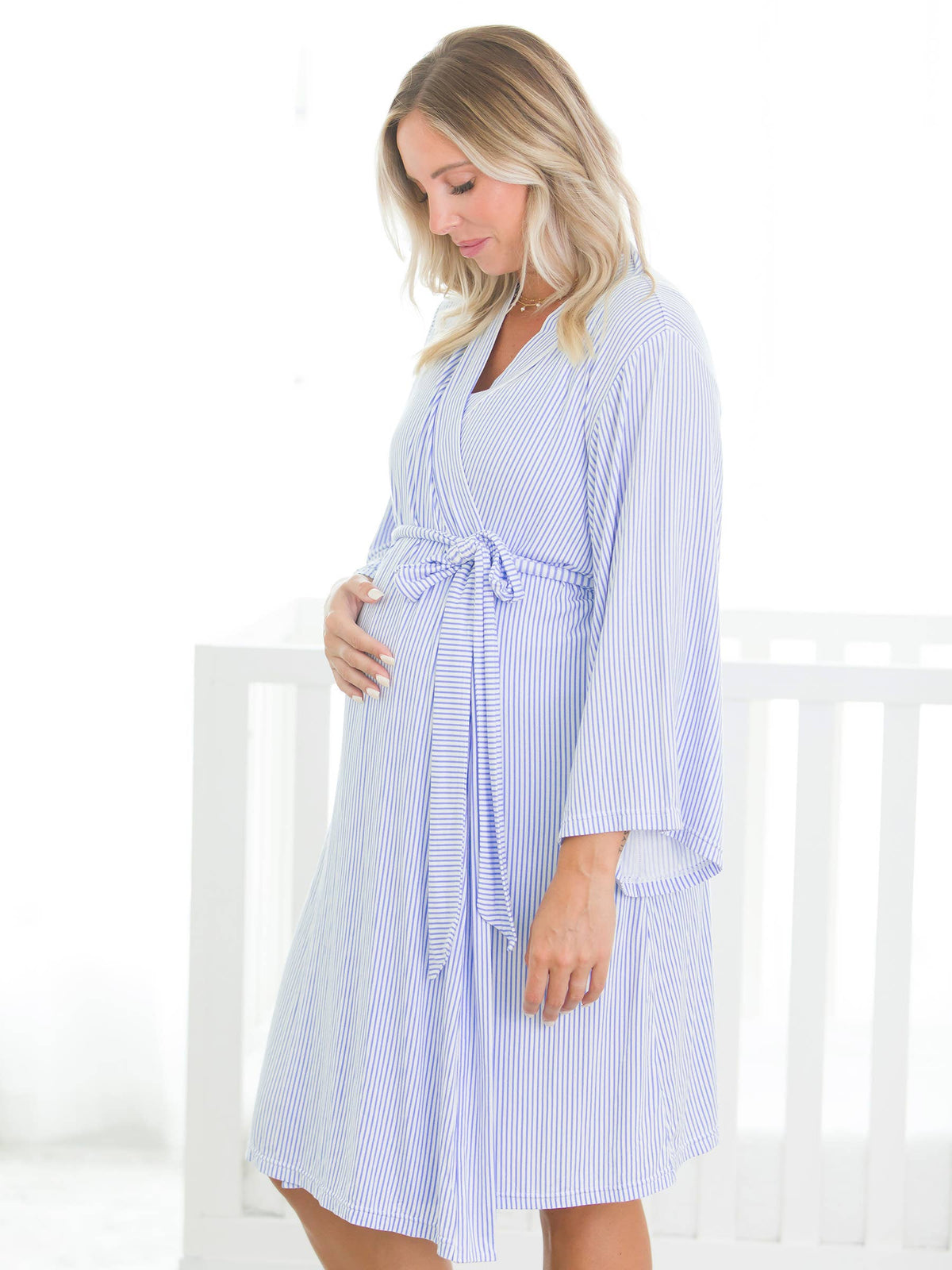 Women's Periwinkle & White Micro Stripe Bamboo Viscose Mommy & Me Maternity Robe and newborn gown set. - Wild Lapin Children’s Boutique