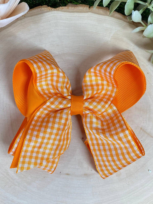 Gingham Classic Boutique Hair Bow | Clip or Headband: Orange / Double Prong Alligator Clip