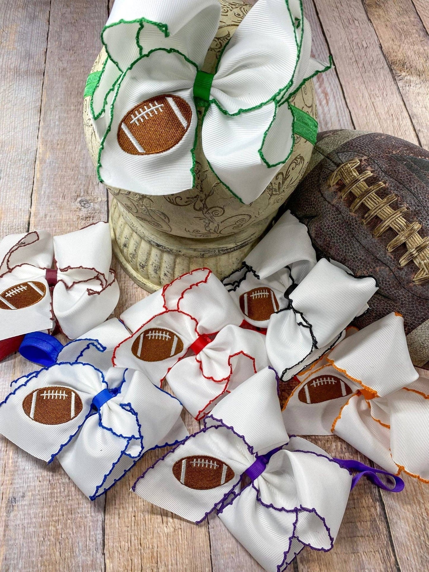 Football Embroidered Moonstitch Hair Bow | Clip or Headband: Black/White / Clip