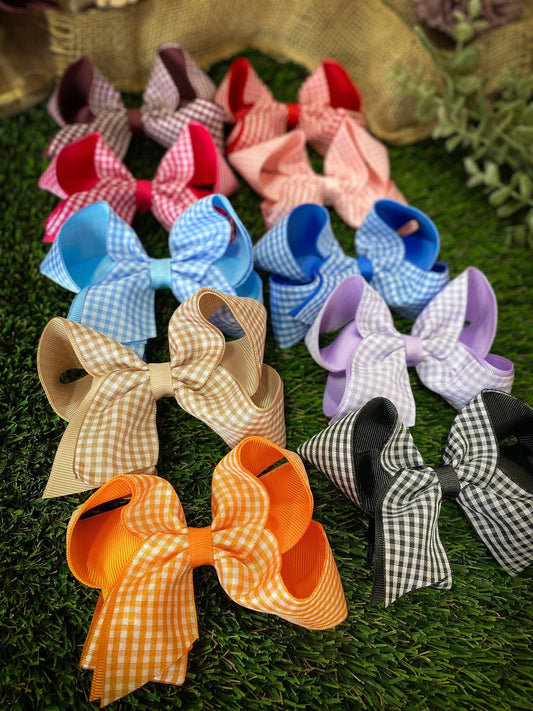 Gingham Classic Boutique Hair Bow | Clip or Headband: Maroon / Double Prong Alligator Clip