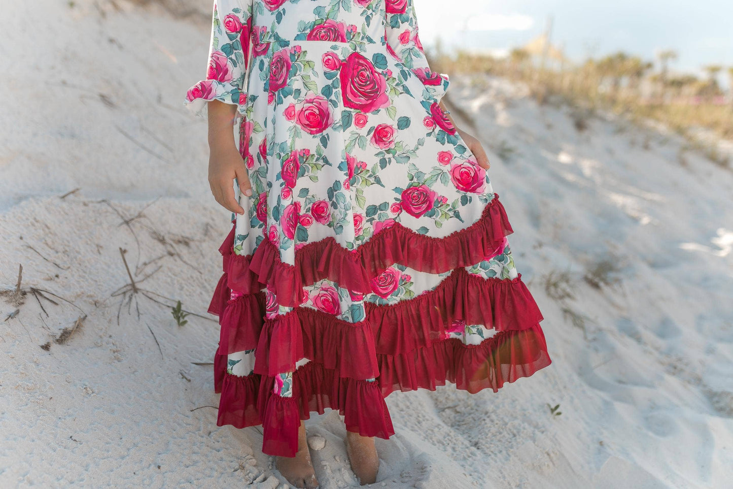 Kids Wine Rose Long Sleeve Ruffles Dress: 10/12