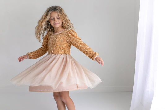Kids Sequin Champagne Holiday Fancy Sparkle Tulle Dress