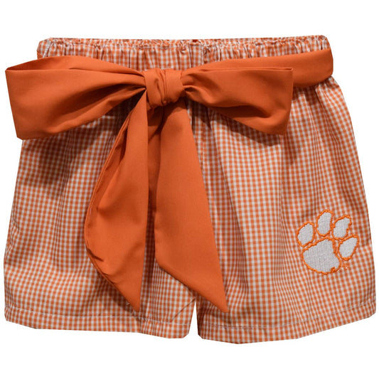 Clemson Tigers Embroidered Orange Gingham Girls Short- Sash