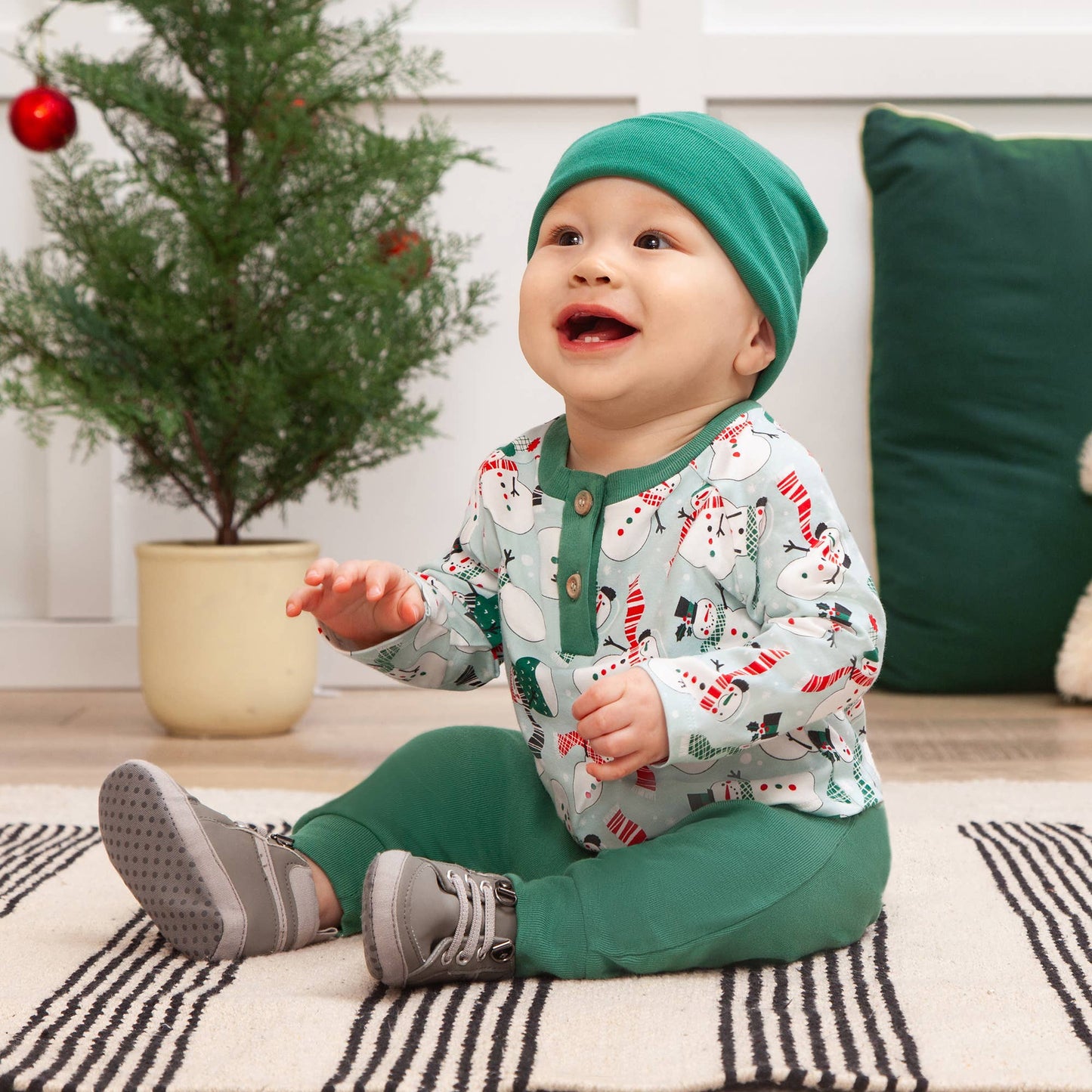 Christmas Snowmen Baby Boy's Bamboo Henley Top & Pants: