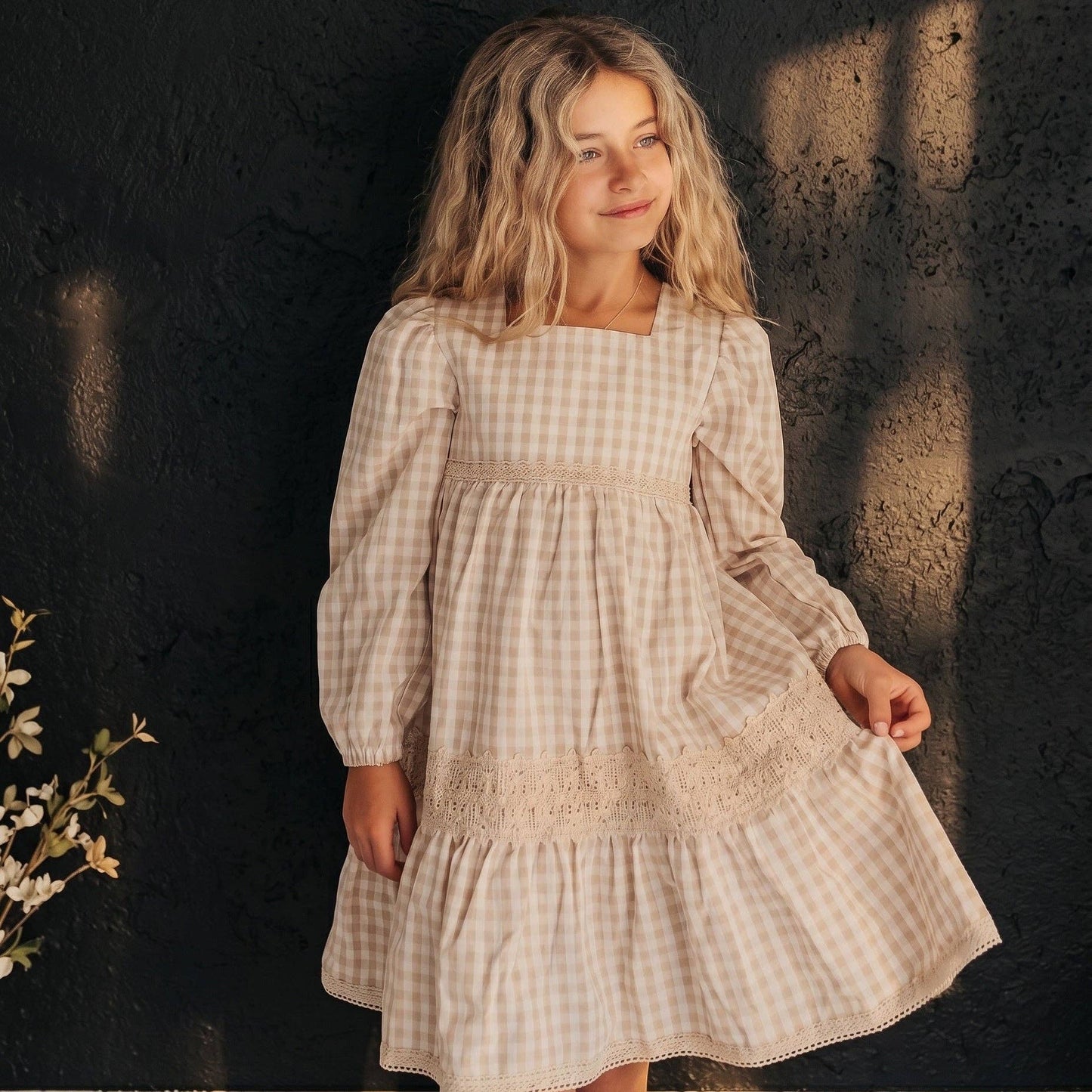 Girls Tan Gingham & Vintage Lace Puff Sleeve Tiered Dress