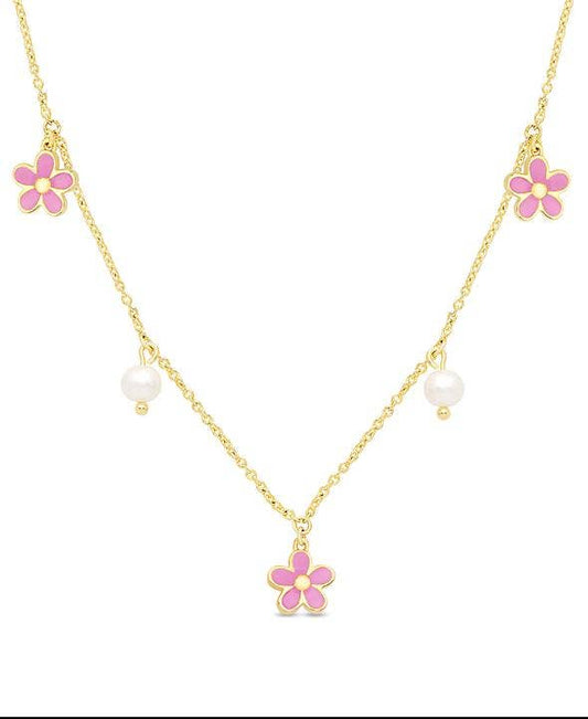 Flower And Freshwater Pearl Charms Necklace: Pink