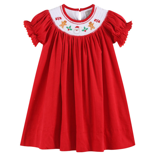 Red Velvet Christmas Smocked Bishop Dress: Red