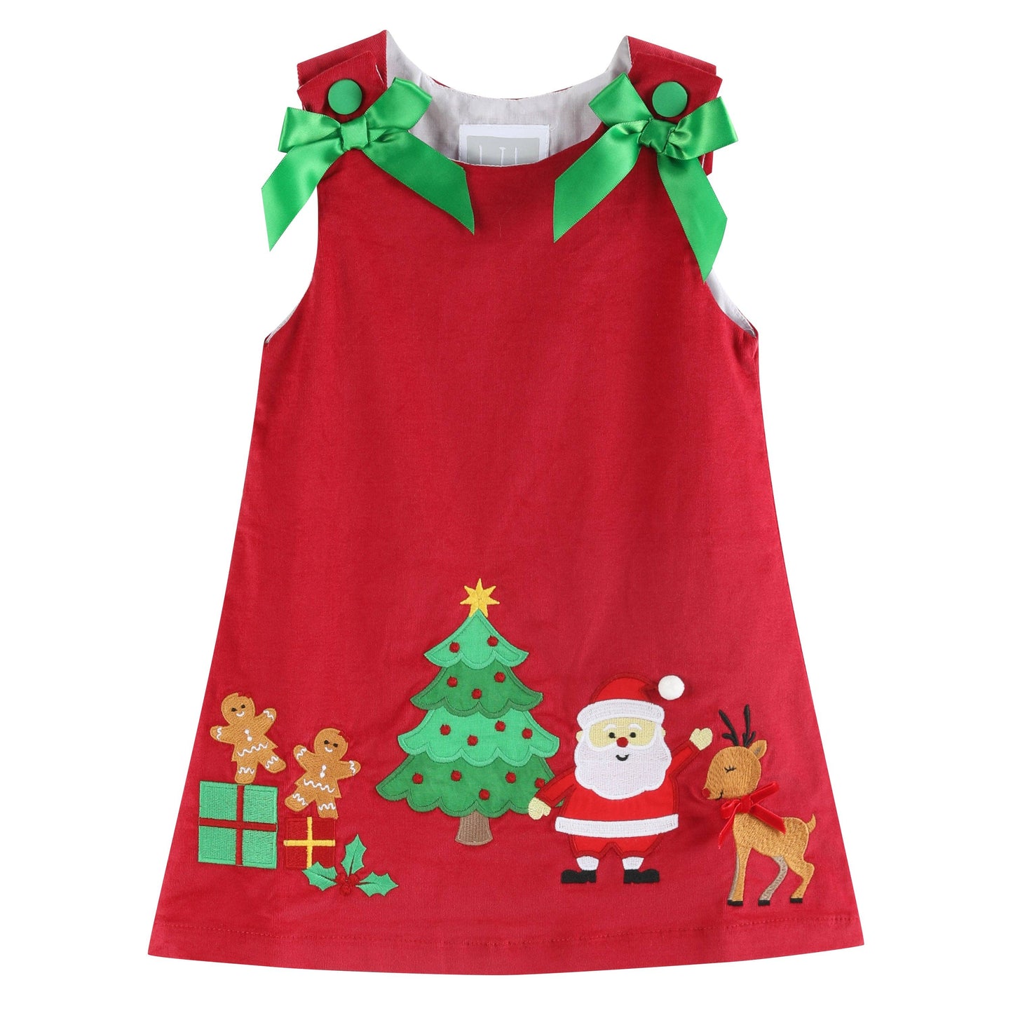 Red Corduroy Christmas Applique Bow Dress: