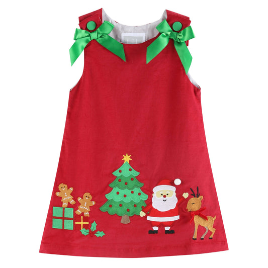 Red Corduroy Christmas Applique Bow Dress: