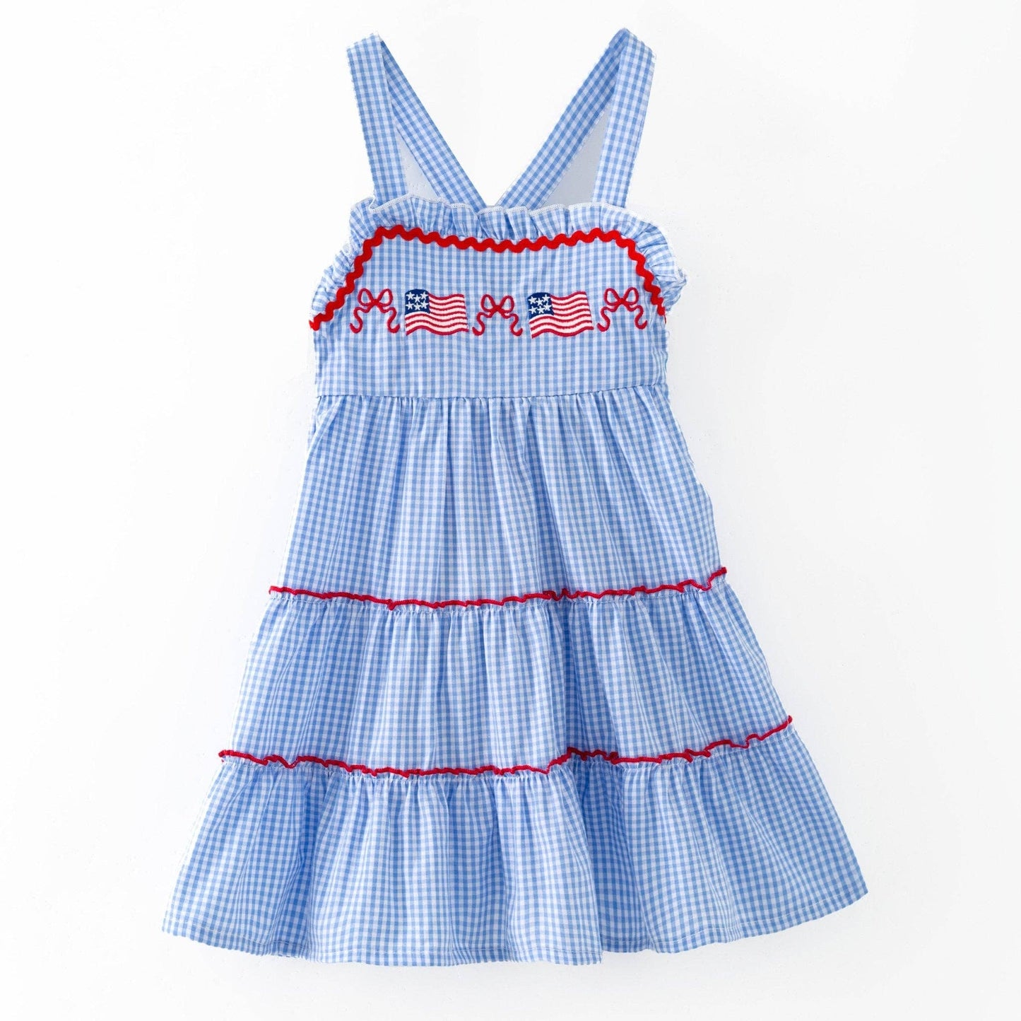 Blue Gingham American Flag Tiered Dress | Girls Patriotic Ruffle Dress