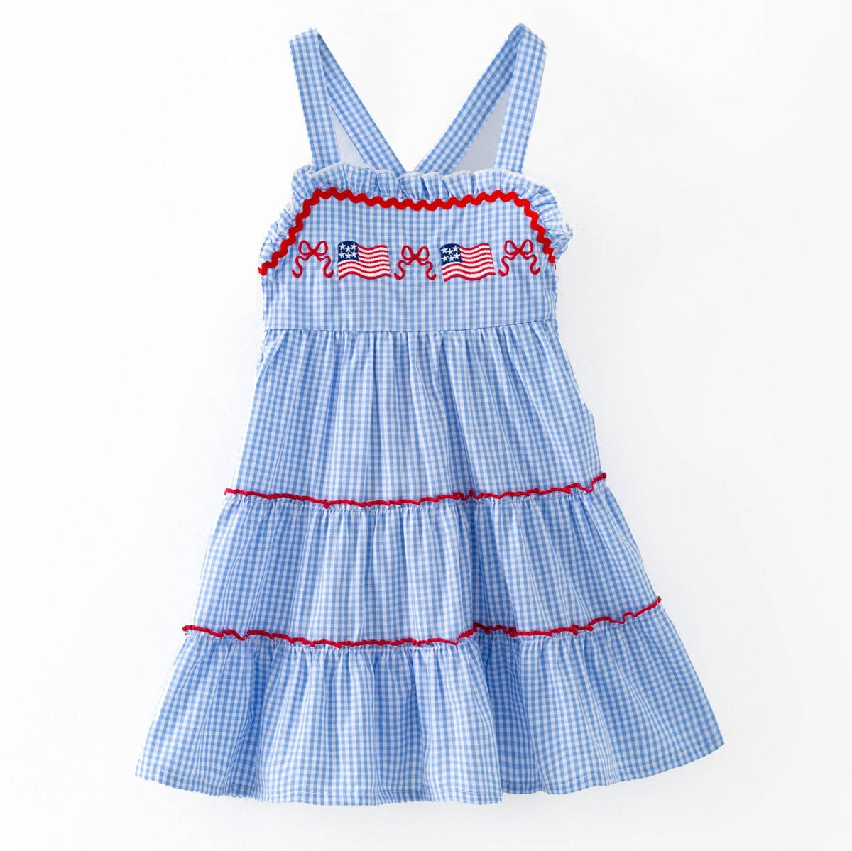 Blue Gingham American Flag Tiered Dress | Girls Patriotic Ruffle Dress