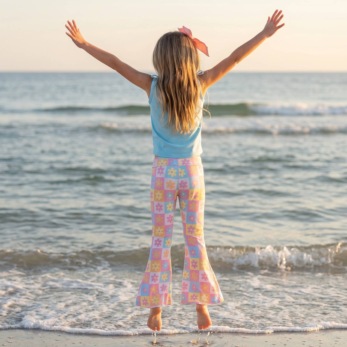 Girls Flare Floral Blue Pink Pastel Summer Spring Pant Set