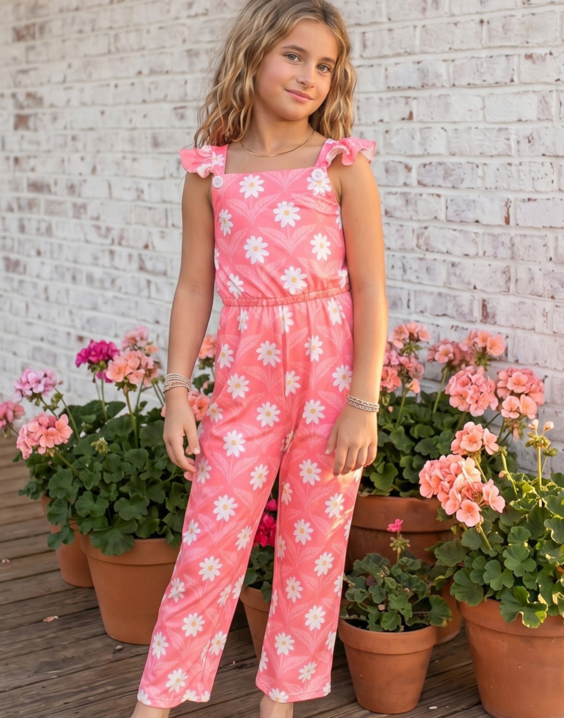 Girls Pink Amelia Daisy Flower Spring Summer Jumpsuit