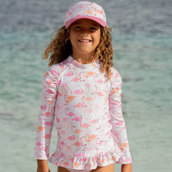 Kids UPF50+ Ruffle Rash Guard Swim Top for Girls (H): Flamingo Love and Azalea Pink Bottoms