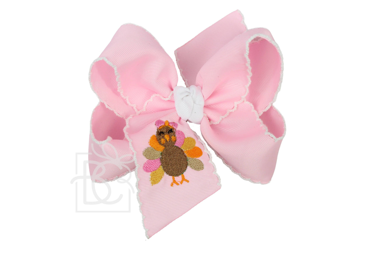 EMBROIDERED TURKEY 5.5" HUGE CROCHET EDGE HAIR BOWS: White w/ Orange Crochet Edge