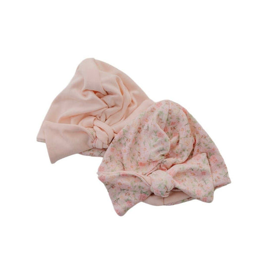 RUCHED BEANIE WITH BOW: Dusty Roses / 0-6m