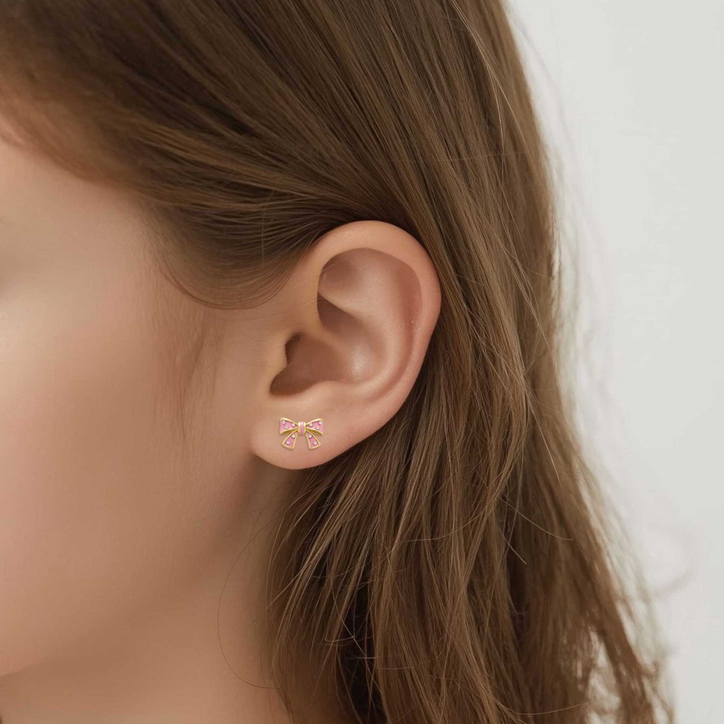 Bow Stud Earrings with Crystals (Pink)