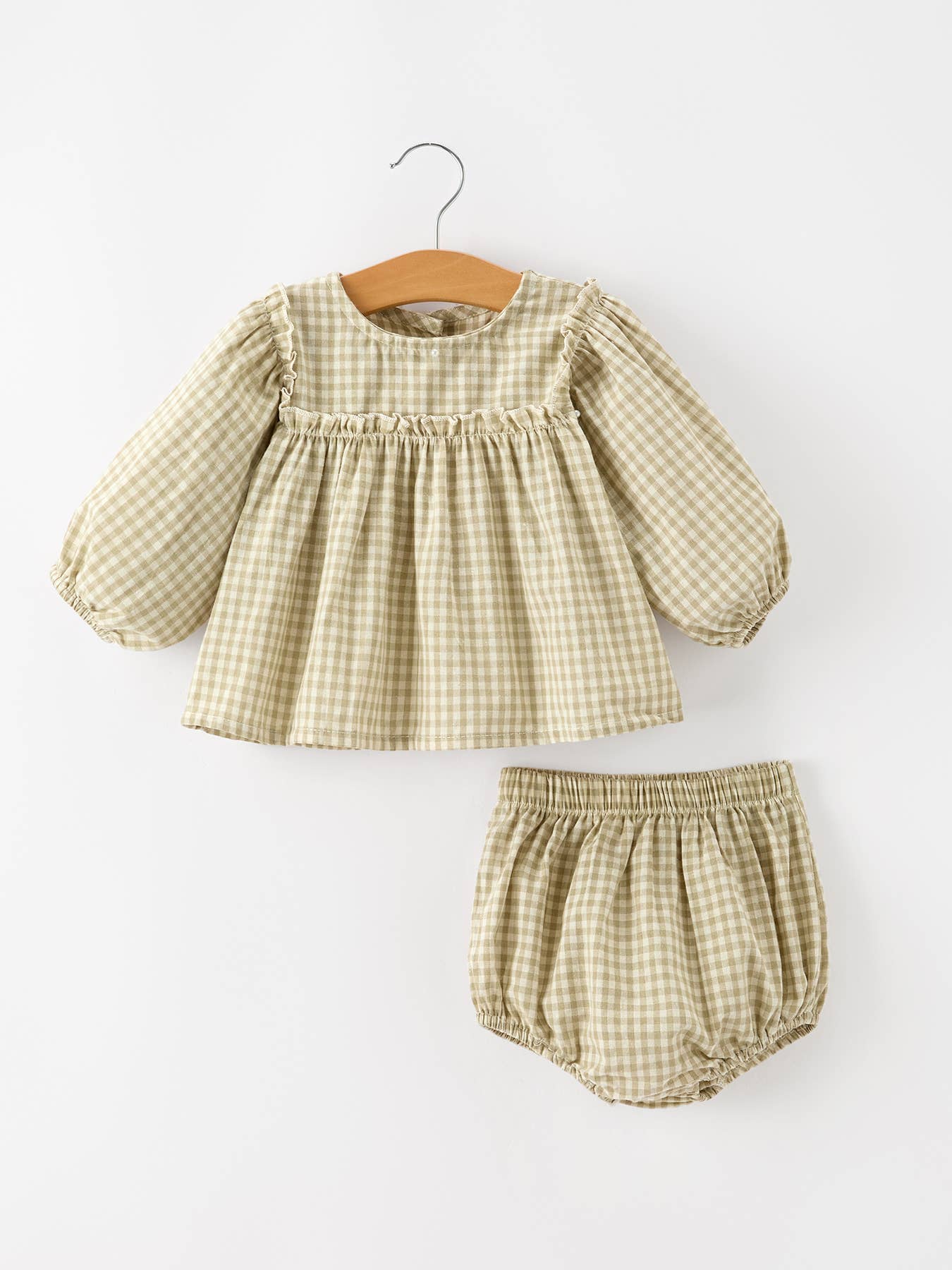 Gingham Baby Romper with Long Sleeve Puff Design: Brown