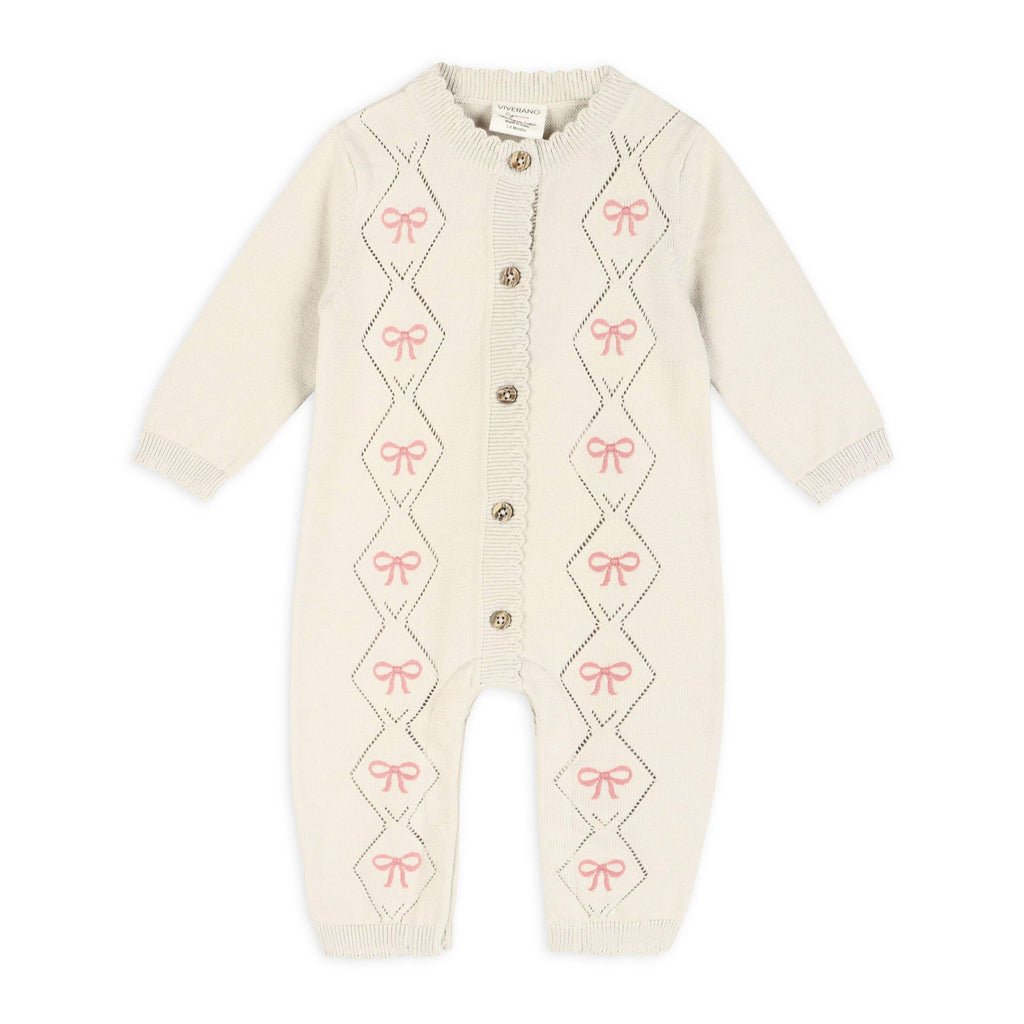 Evie Bow Pointelle Knit Baby Jumpsuit (Organic Cotton): Ecru