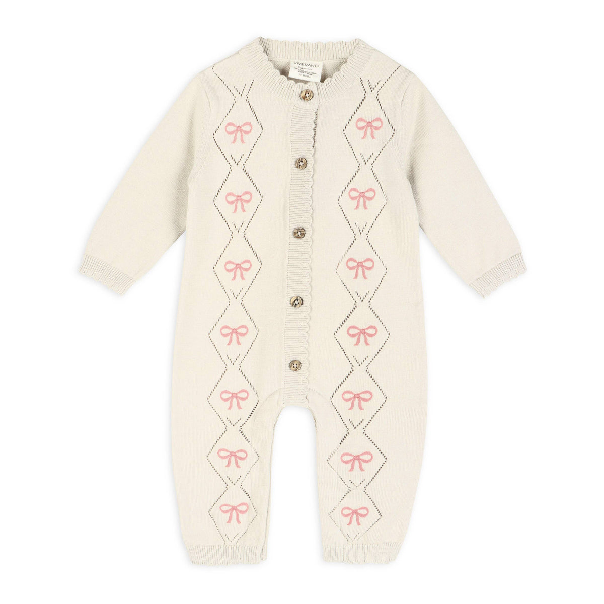 Evie Bow Pointelle Knit Baby Jumpsuit (Organic Cotton): Ecru