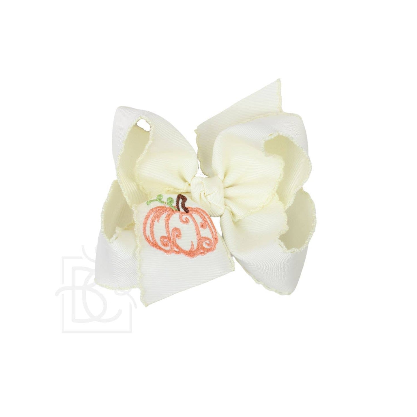 Embroidered Pumpkin Crochet Edge Bow: White-Millennium Blue Crochet Edge w/ Embroidered Orange Pumpkin / 5.5" Huge - 2.25" Crochet Edge Grosgrain Ribbon