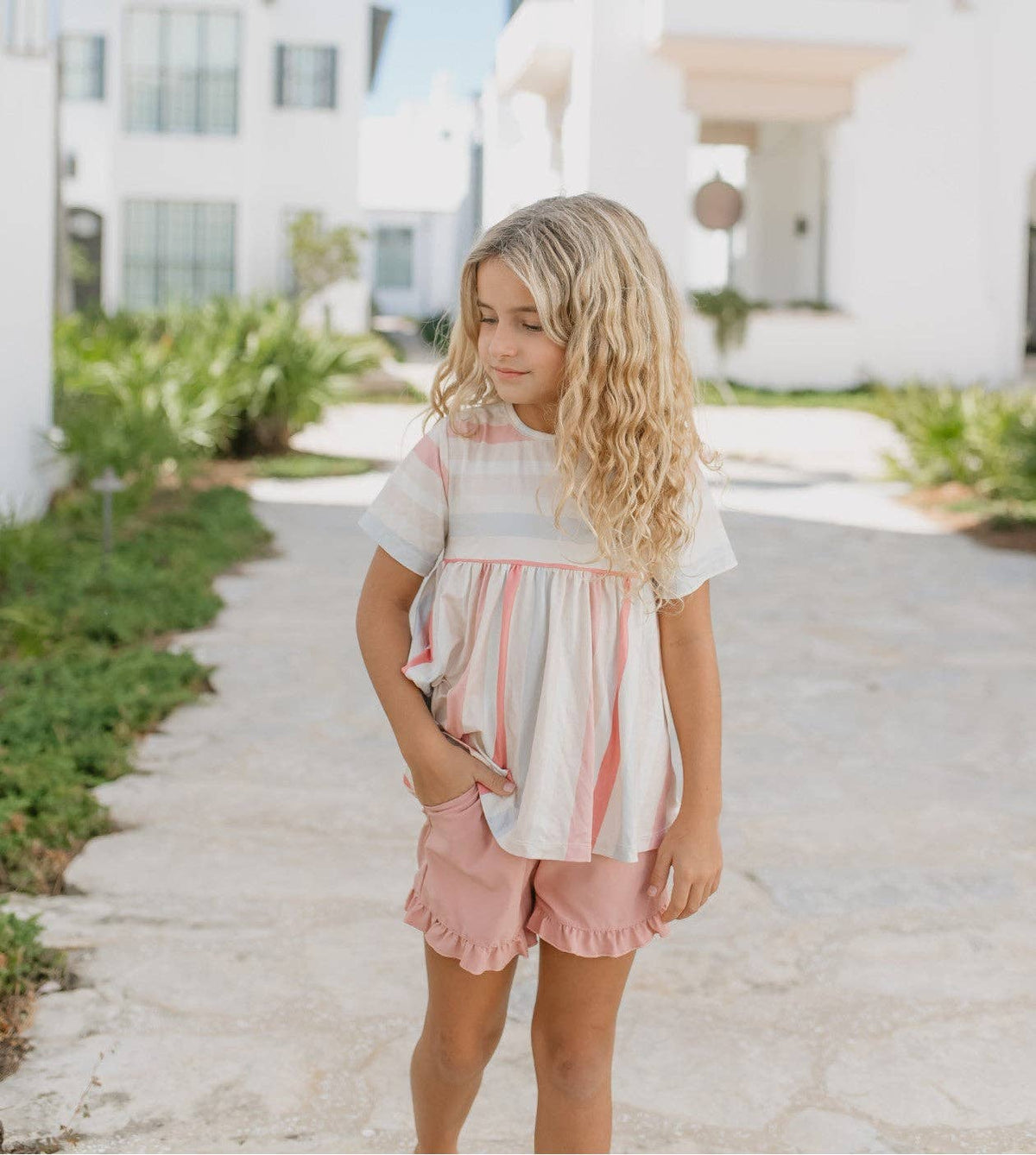 Kids Sand Blush Stripe Pocket Ruffle Spring Summer Short Set