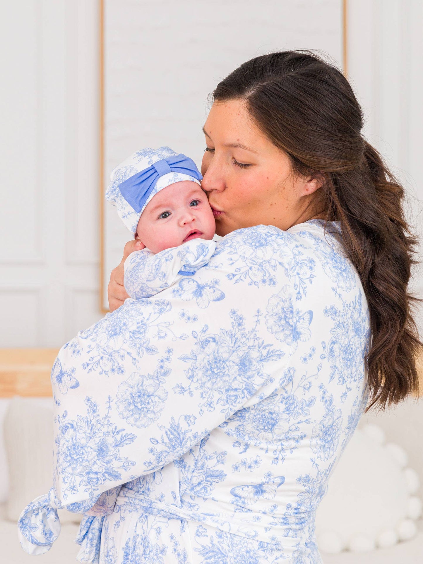 Women's Periwinkle Blue Butterfly Garden Toile Bamboo Viscose Mommy & Me Maternity Robe and newborn gown with cap.