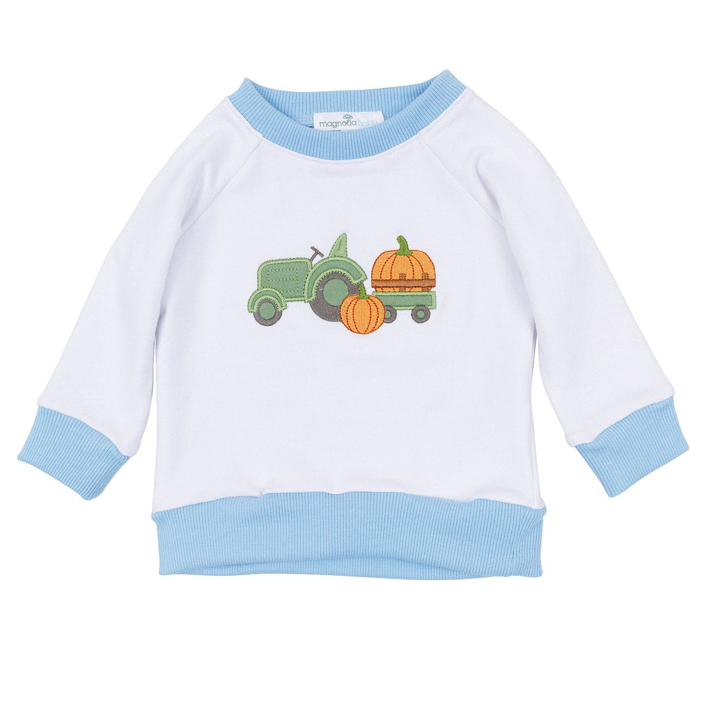 Pumpkin Tractor Applique Pullover Sweatshirt - Light Blue