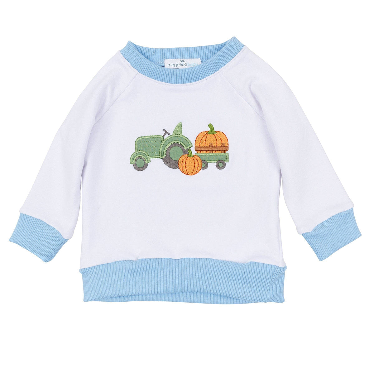 Pumpkin Tractor Applique Pullover Sweatshirt - Light Blue