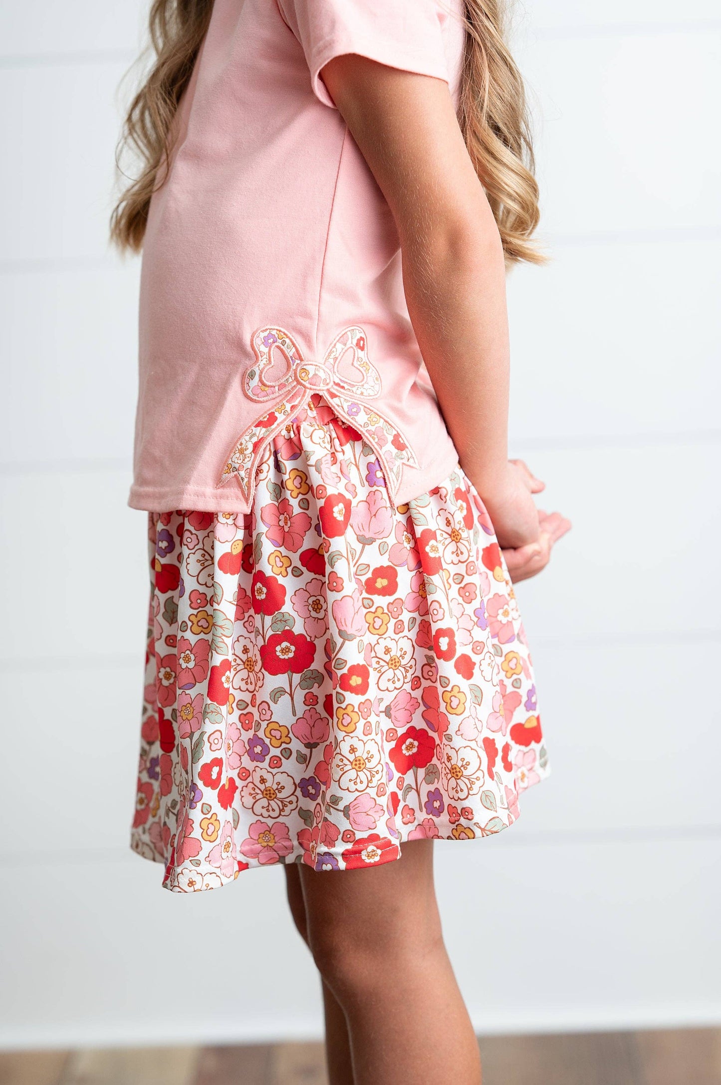 Girls Peach Floral Bow Spring Summer Skort Set: 3/4