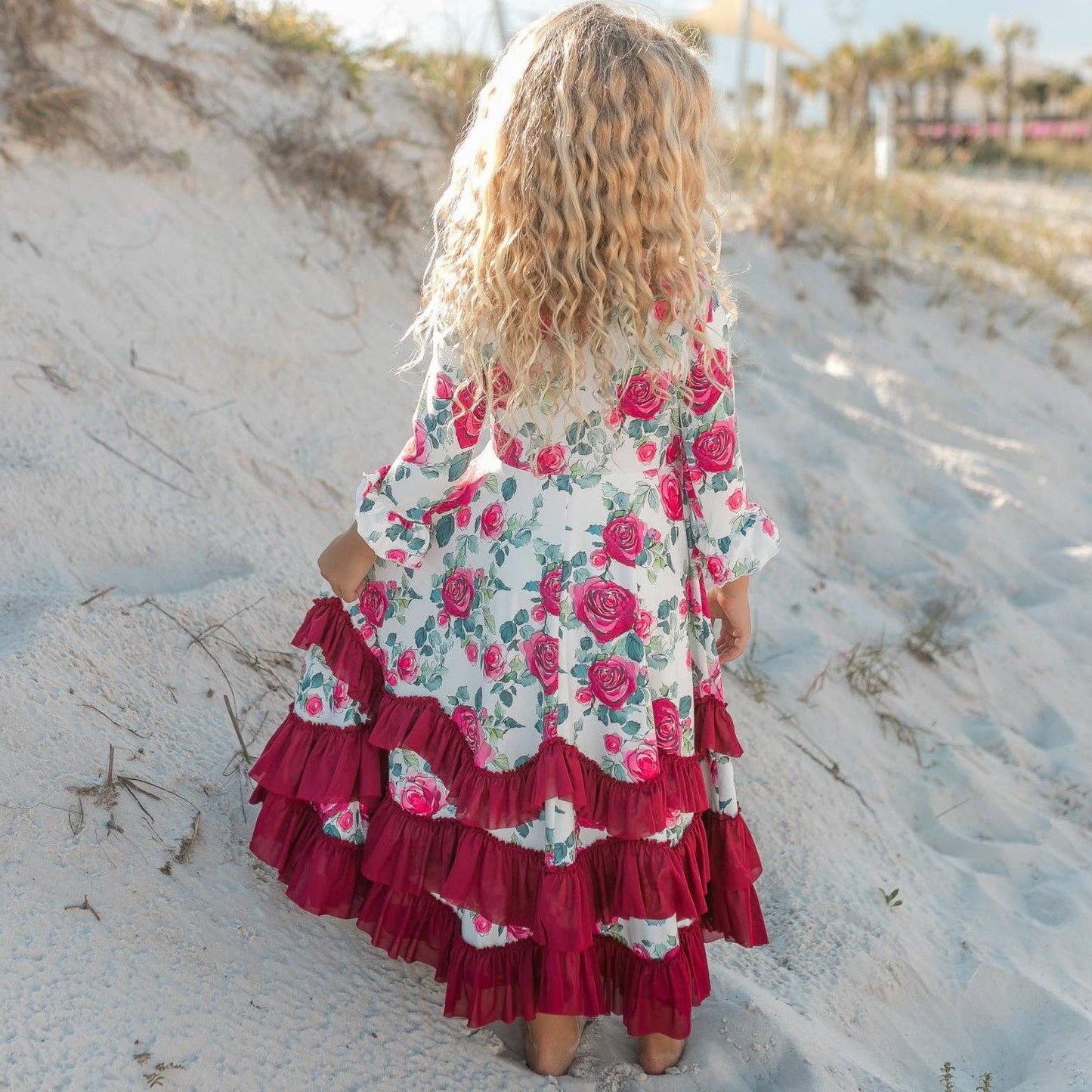 Kids Wine Rose Long Sleeve Ruffles Dress: 10/12