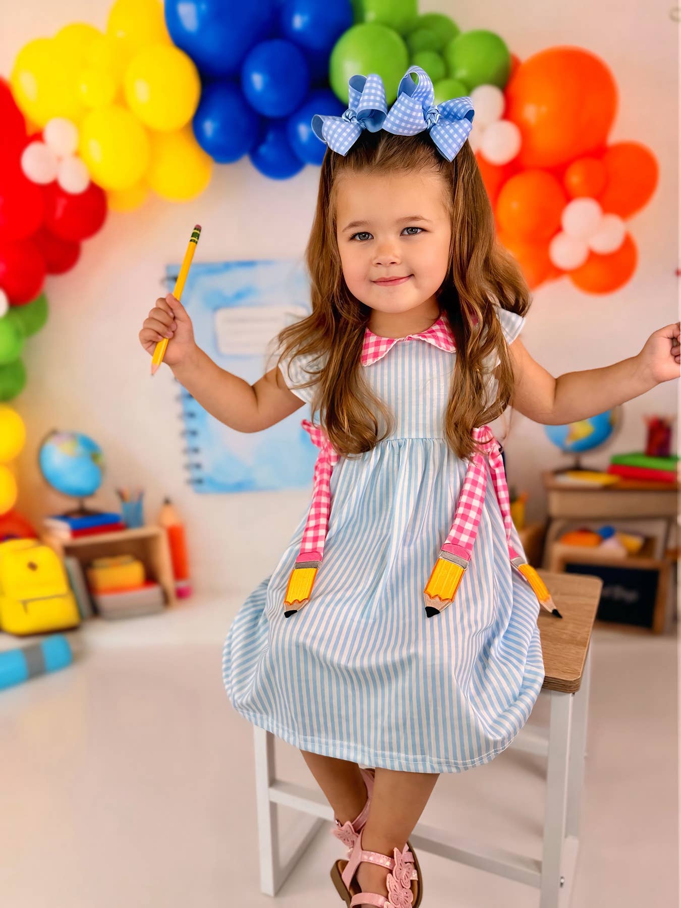 Back To School Girls Striped lapels Bow Dress: 7